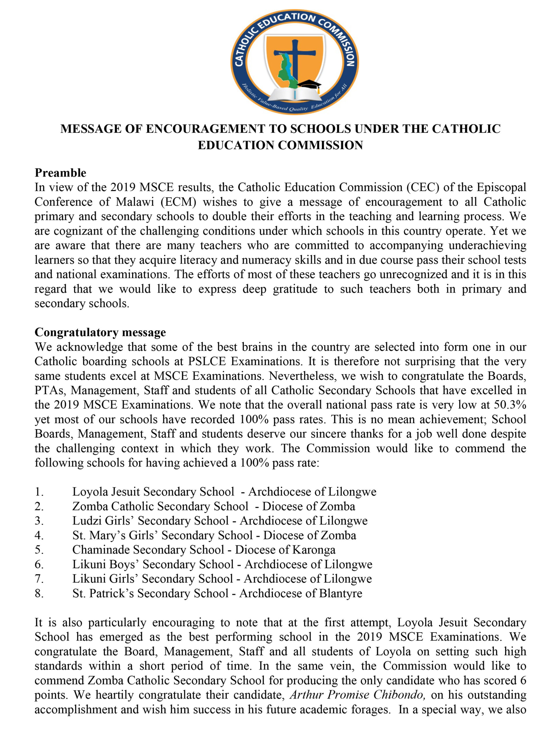 MESSAGE OF ENCOURAGEMENT TO SCHOOLS UNDER THE CATHOLIC EDUCATION ...